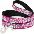 Dog Leash Hibiscus Neon Pink White 4 Feet Long 1.0 Inch Wide