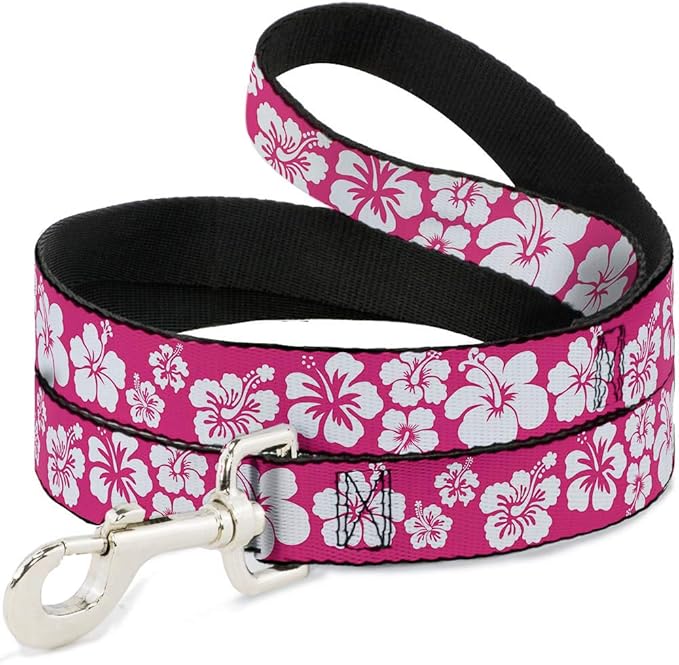 Dog Leash Hibiscus Neon Pink White 6 Feet Long 0.5 Inch Wide