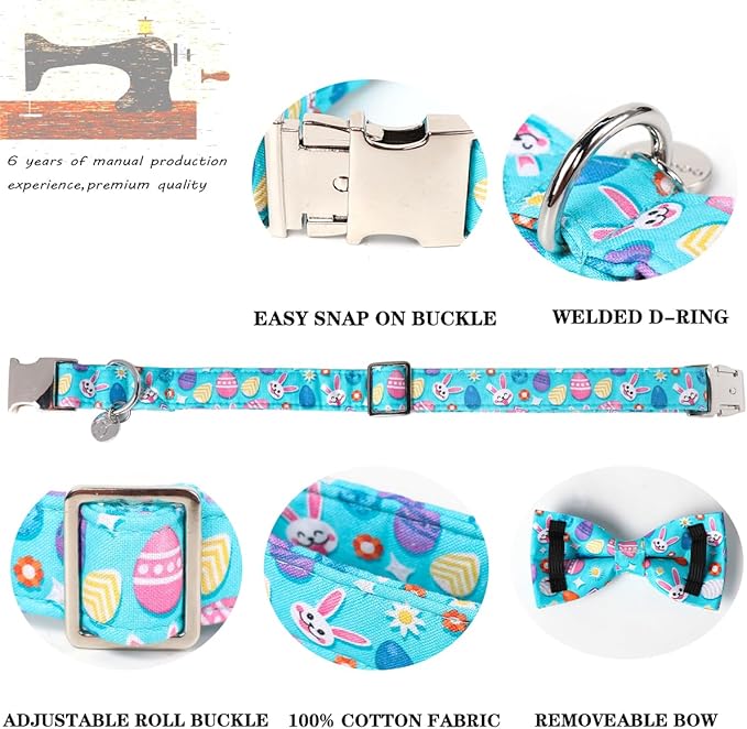 DOGWONG Cotton Easter Dog Collar with Bowtie, Soft Adjustable Blue Rabbit Easter Day Collar for Small, Medium, Large Dogs