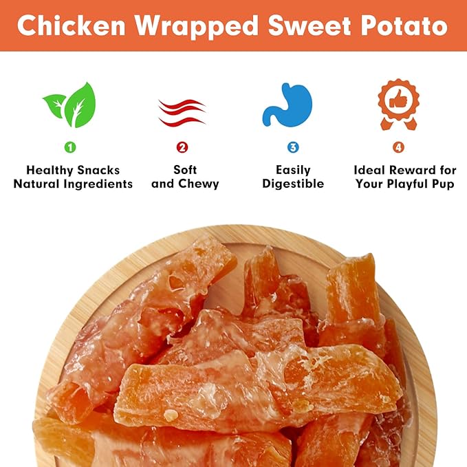 MON2SUN Dog Treats Rawhide Free Chicken Wrapped Sweet Potato Snacks, Gluten & Grain Free, Treats for Puppy and Small Dogs, (Chicken, 10 Ounce -Pack of 1)