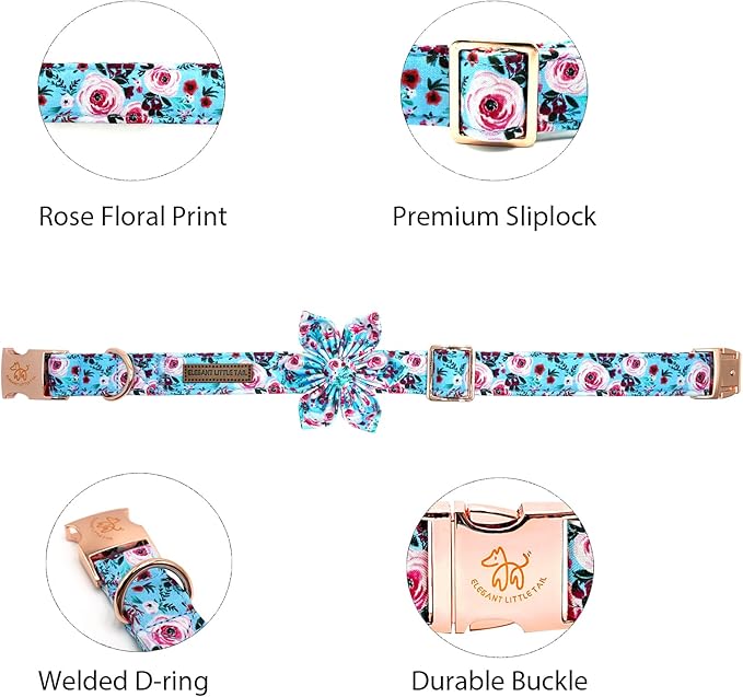 Elegant little tail Dog Collar with Flower, Pink Rose Print Pet Collar Flower Pet Collars Summer Cute Adjustable Dog Collars for Small Dogs