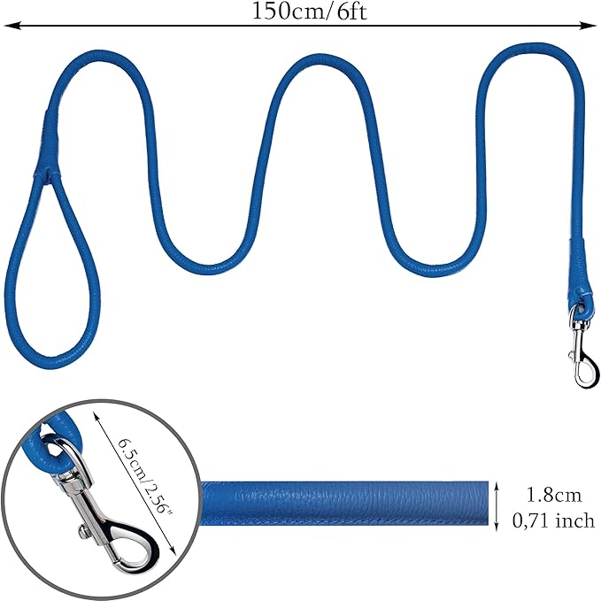 OOPSDOGGY Rolled Leather Dog Lead 6ft Heavy Duty Training Leash for Small Medium Large Dogs & Puppy Black Brown Red (Navy Blue, Large)