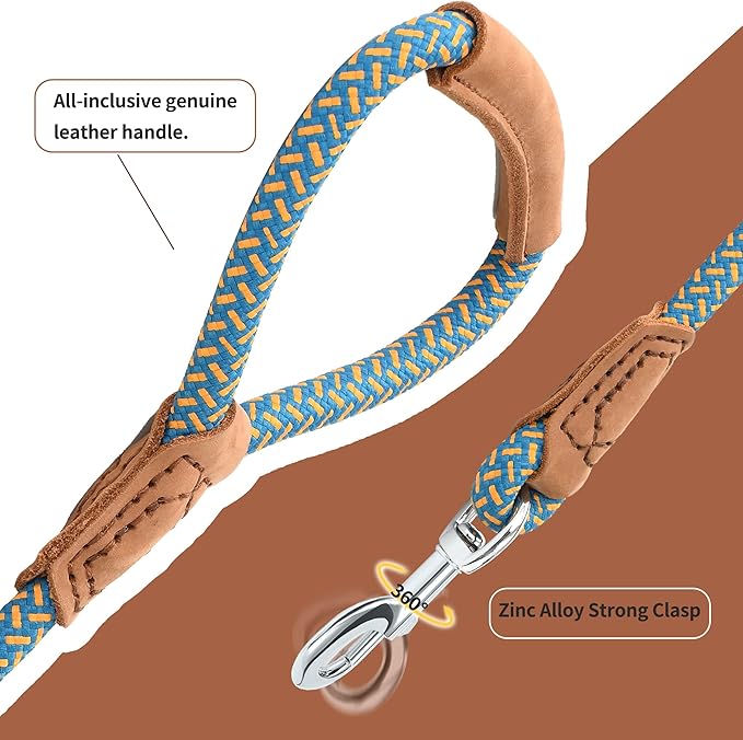 Mile High Life Leather Dog Leash, Heavy Duty Strong Genuine Leather Handle Rope Leash Soft and Comfortable for Small Medium Large Dogs (Peacock Blue, 48 Inch)