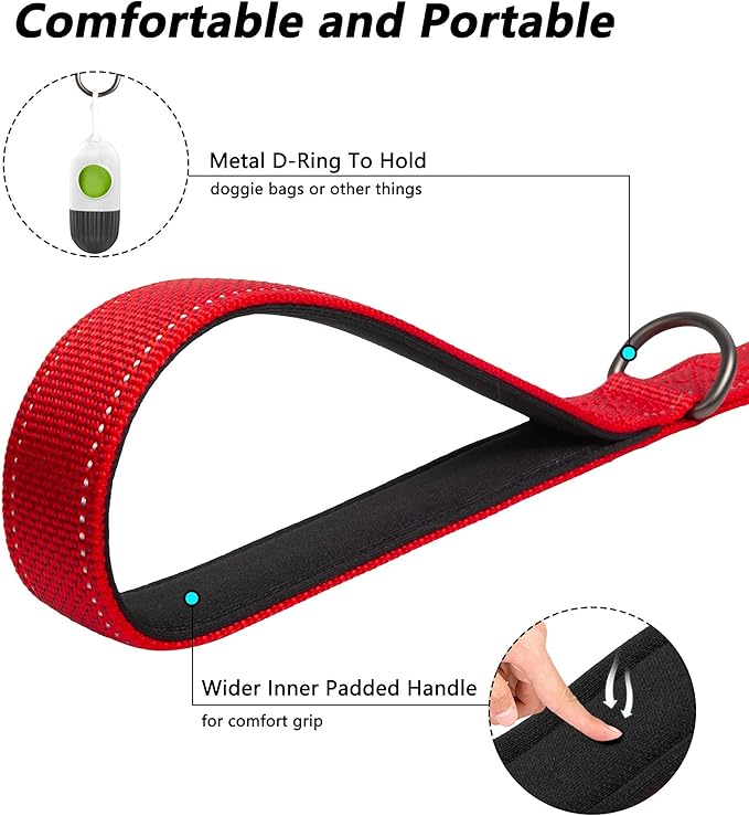 PetiFine 5FT Heavy Duty Dog Leash with Soft Padded Double Handle, Durable Strong Clasp Dog Leashes, Reflective Nylon Walking Lead for Large,Medium,Small Breed Dogs, Red