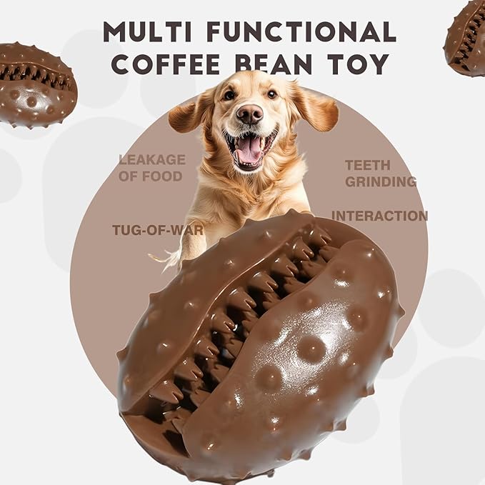Interactive Dog Toys for Chewers, Teething Cleaning Toys for Dog, Mentally Stimulating Tug of War Training Toy, Puzzle Treat Food Dispensing Ball for Small Medium Large Dogs (Coffee Bean Shape)