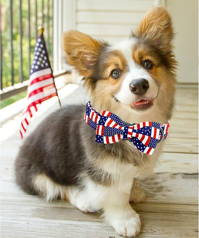 Lionheart glory American Flag Dog Collar 4 of July Independence Patriotic Dog Bow Collars Heavy Duty Adjustable Soft Collar with Bowtie for Large Dogs Pet Gift