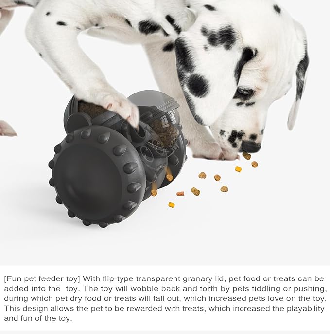 Interactive Pet Food Dispenser Toy for Dogs and Cats, Treat Dispensing Rolling Ball with Textured Wheels, Available in Yellow, Green, Black (Black)