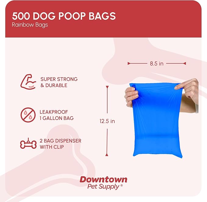 Downtown Pet Supply Poop Bags for Dogs with Dispenser, 500 Count - Leak-Proof Dog Waste Bags and Bone-Shaped Dog Poop Bags Holder for Leash - Rainbow of Colors, 12.5" x 8.5"