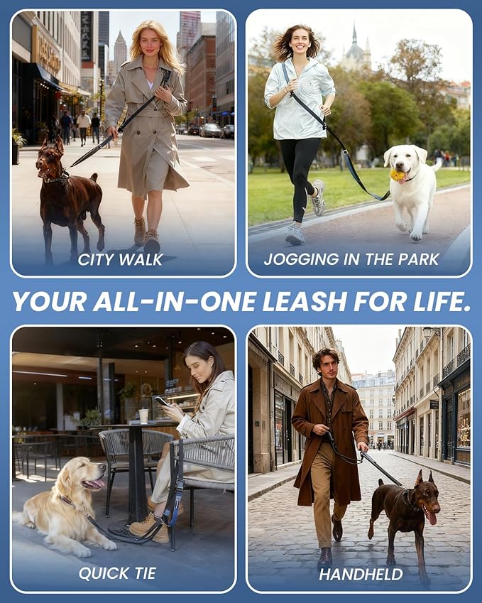 Reinforced Crossbody Dog Leash, 4–6ft Adjustable Multifunction Leash with Dual Padded Handles, Durable Nylon Lead Featuring Solid Metal Clips for Daily City & Park Walking