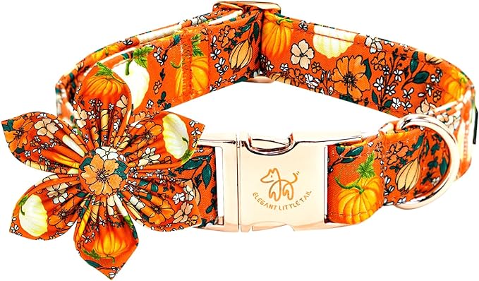 Elegant little tail Fall Dog Collar, Halloween Pet Collars with Flower Cute Pumpkin Print Puppy Collar Female or Male Cotton Adjustable Collars for Small Medium Large Dogs