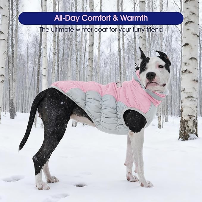 FUAMEY Dog Coat for Large Dogs,Waterproof Dog Winter Jacket with Harness Built in Puppy Cold Weather Coats Reflective Pet Vest with Zipper Warm Fleece Dogs Snowsuit Windproof Pink 3XL