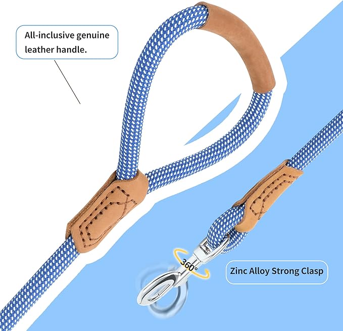 Mile High Life | Premium Leather Dog Leash | Strong Rope Leash | Leather Handle | Zinc Alloy Strong Clasp | Small Medium Large Dogs | 4/5/6 Feet(Blue White, 72 Inch (Pack of 1))