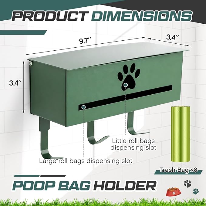 Blulu Wall Mount Dog Poop Bags Dispenser Holder with Hooks Metal 200/300 Single Large Roll Pet Waste Station Bags Dispenser for Outdoor Indoor Home Yard Doggy (Green)