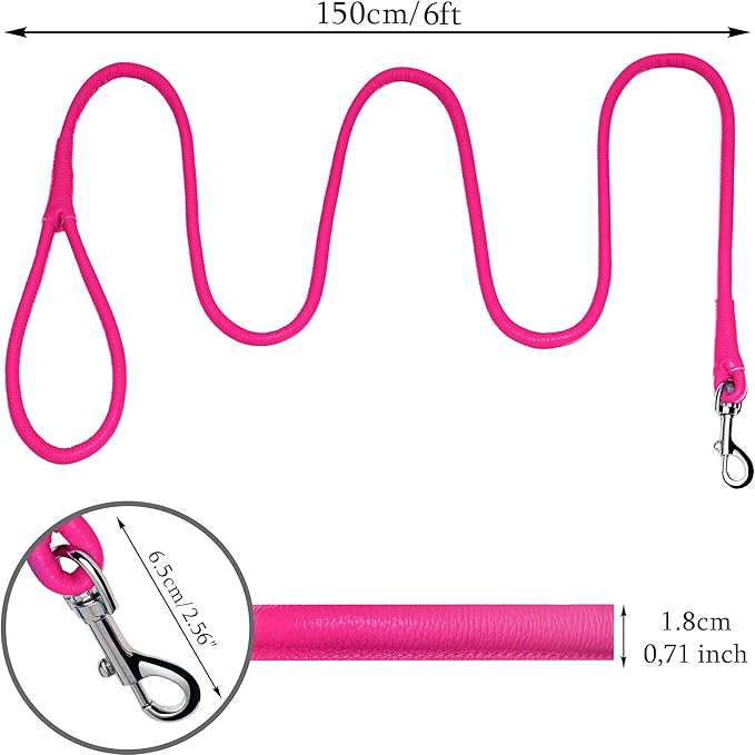 OOPSDOGGY Rolled Leather Dog Lead 6ft Heavy Duty Training Leash for Small Medium Large Dogs & Puppy Black Brown Red (Pink, Large)