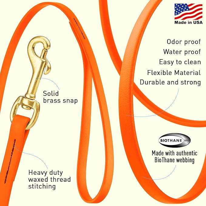 Viper Biothane Working Tracking Lead Leash Long Line for Dogs 2 Colors and 6 Sizes, Hunter Orange