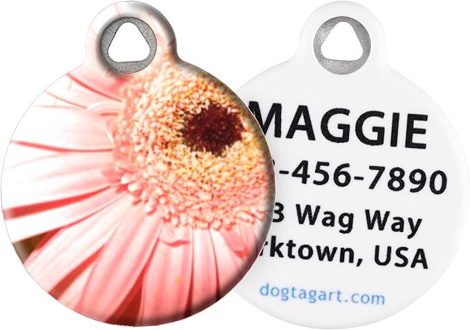 Dog Tag Art Cute Flower Custom Pet ID Tag for Dogs and Cats, Personalized Dog Tag with Customized Identification Information, Pink Daisy, Large (1.25" Diameter)