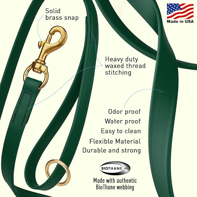 Viper Biothane K9 Working Dog Leash Waterproof Lead for Tracking Training Schutzhund Odor-Proof Long Line with Solid Brass Snap for Puppy Medium and Large Dogs 20in, Hunter Green