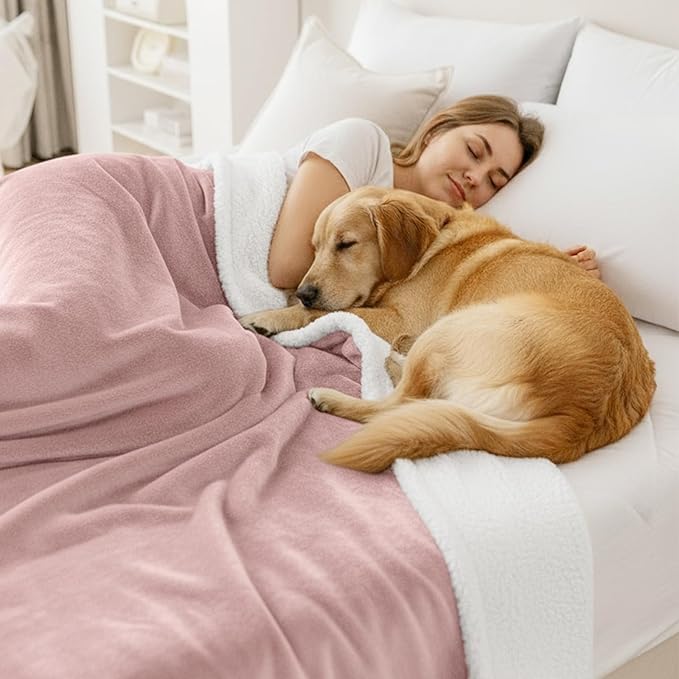 Smiry Waterproof Blanket Throw for Large Dogs, Soft Reversible Dog Blanket for Sofa Couch Bed, Washable Leakproof Sherpa Fleece Furniture Couch Protector(40"x60", Pink/White)