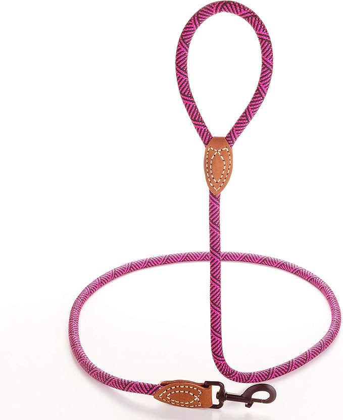Mile High Life Rope Leash with Genuine Leather Connection, 6 FT/5 FT/4 FT, Heavy Duty Leash for Medium & Large Dogs (Hot Pink, 60 Inch)
