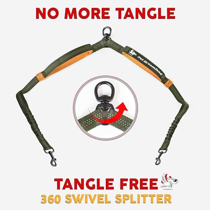 Pet Dreamland Exquisite Double Dog Leash Coupler with Tangle-Free Swivel. Premium & Versatile Attachment for Walking Two Dogs. You Will Absolutely Love This Amazing Dual Dog Coupler (Khaki & Orange)