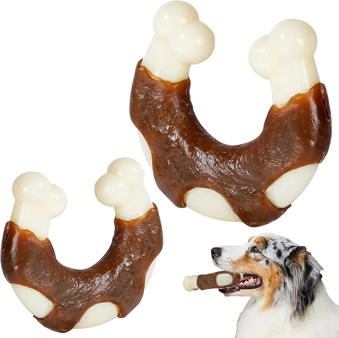 Dog Bones Chew Toys for Aggressive Chewers, 2 Pack Real Beef Flavor,Indestructible Teething Chew Toys for Large/Medium/Small Breed,Tough Dog Toy with Durable Nylon