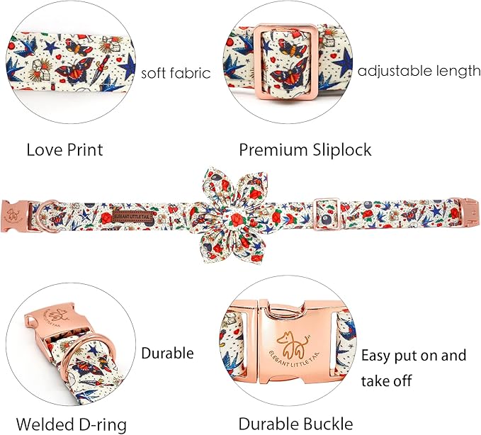 Elegant little tail Valentine's Dog Collar, Heart Dog Collar with Flower Cute Girl or Boy Pet Collars with Flower Puppy Gift Adjustable Pet Collars for X-Large Dogs