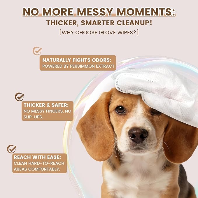 50 Pcs Cleaning Deodorizing Pet Glove Wipes for Dogs & Cats, Hypoallergenic Dog Bath Wipes with Natural Deodorizer Persimmon Tannin, Pet Bathing Wipes for Horse Coat Care Coconut Scent