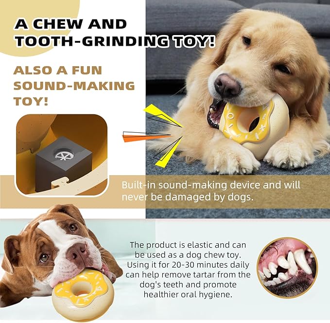 Squeaky Donut Dog Toy for Aggressive Chewers，Doughnut Shaped Dog Chewing Toy with a Creamy Aroma，for Aggressive Chewers Medium Large Breed，Indoor and Outdoor Toys for Dogs (Yellow)