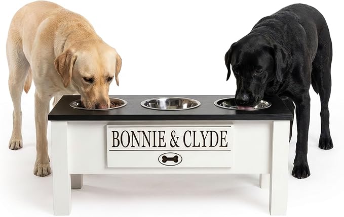 GTW Personalized Elevated Triple Dog Bowl Stand for Large, Medium, Small, X-Small Dogs - 3 Stainless Steel Food and Water Bowls - Raised Dog Dish with Internal Storage (Large, Black)