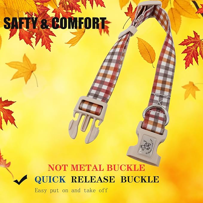 Elegant little tail Dog Collar with Leash, Fall Plaid Pet Collar Leash Adjustable Collar for Small Medium Large Dogs Soft Puppy Collars with Quick Release Buckle Girl Boy Dog Collars