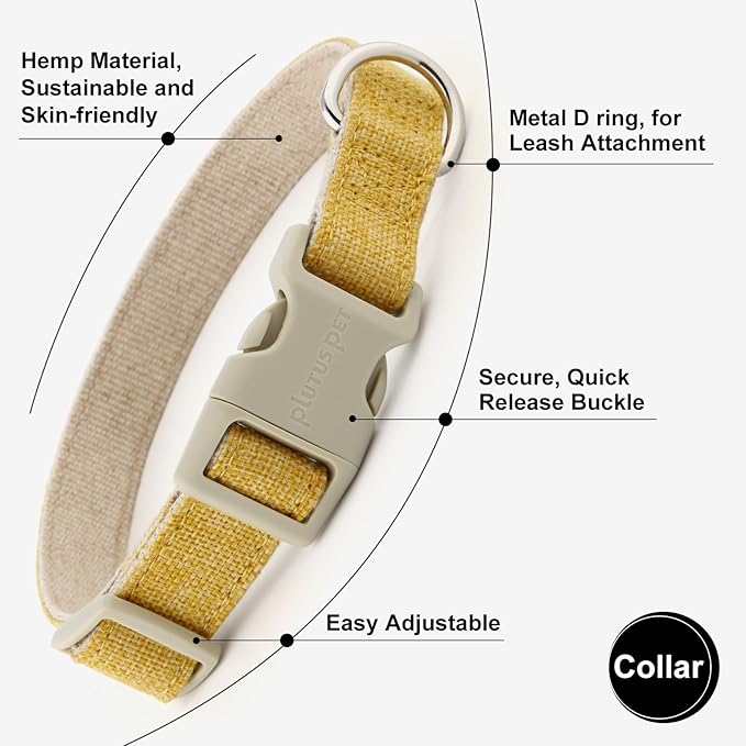 Plutus Pet Cotton Hemp Dog Collar and Leash Set, Adjustable Collar for Small, Medium, and Large Dogs, Heavy Duty and Soft on Skin, Yellow, M