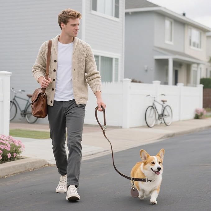 Jack&Chris Leather Dog Leash, Durable Dog Leashes for Large Dogs Heavy Duty with Comfortable Padded Handle for Small Medium Large Breed Puppies, Slip Leads for Dogs for Walking Running, Brown