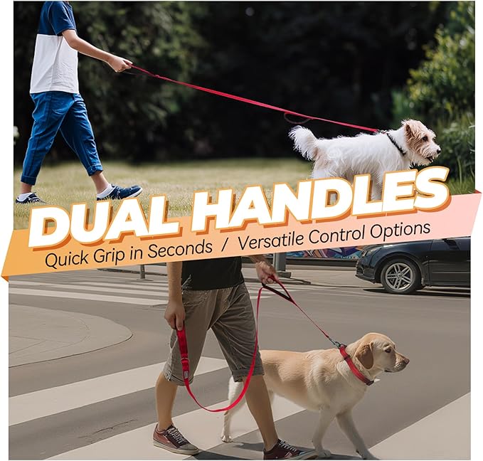 VIVAGLORY Twingrip Dog Leash, Double Handle Dog Leash for Training & Walking with Traffic Handle & 2 Loop, Traffic Control Reflective Heavy Duty for Puppy Pet, 4ft x 1/2in, Red