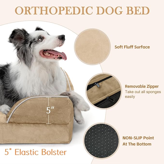 Comfort Expression Waterproof Orthopedic Foam Dog Beds for Extra Large Dogs Sofa Pet Bed Washable Removable Cover with Zipper and Bolster 53" L x 42" W x 8.5" Th, Light Brown