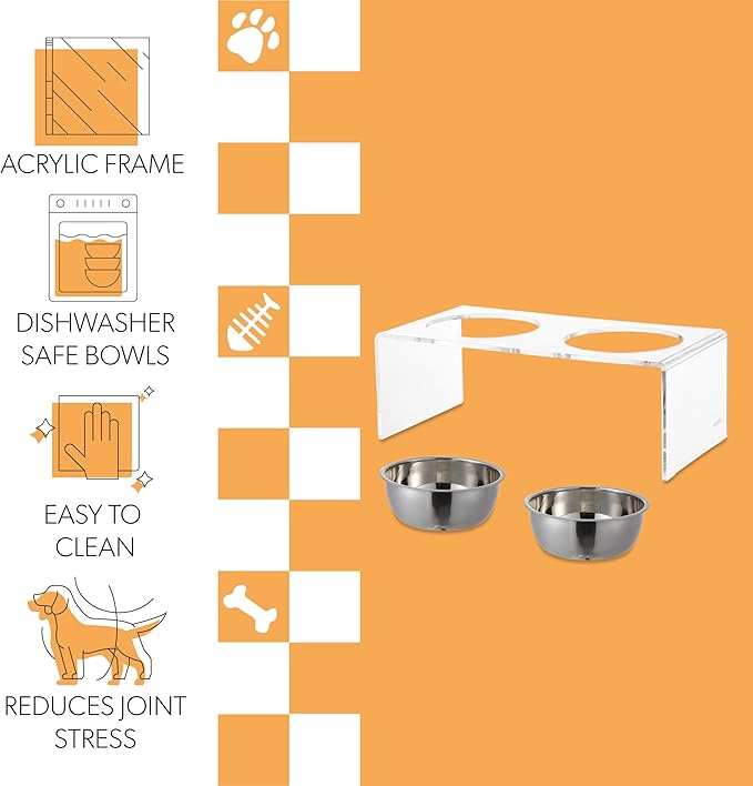 The LICKER Store DBL2001A Keaton 7.5" Medium/Large Modern Lucite Rectangular Elevated Pet Feeder with 54oz 2-Stainless Steel Bowls, Clear/Chrome