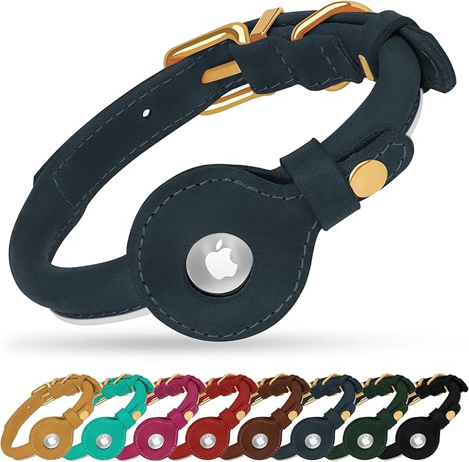 OOPSDOGGY Rolled Leather Dog Collar with Airtag Holder - Reflective Round Airtag Dog Collar - Soft Tracking Pet Collar for Small Dogs Puppy Cats Kitten (Denim, XXS, 7"-9")