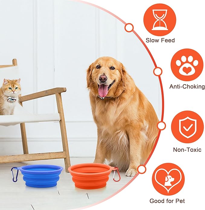 Large Collapsible Dog Bowls (34oz), 1 Pack Pet Travel Foldable Bowl with Carabiners, Healthy, Soft Silicone, Portable Essential Set for Walking, Travel, and Hiking (Blue)