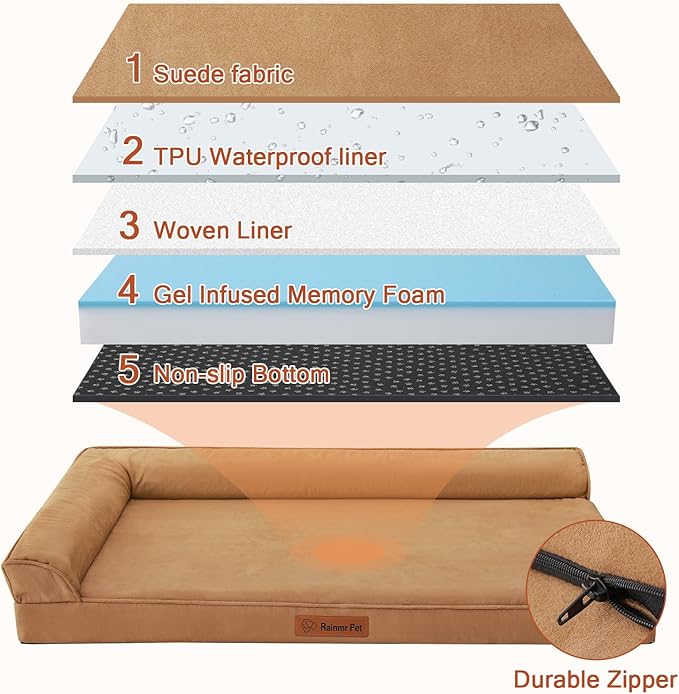 Orthopedic Dog Bed Medium Size Dog, Memory Foam Dogs Bed for Medium Dogs, Washable and Removable Microsuede Cover, Waterproof Liner, Non-Skid Bottom, 35x23x6 Inches, Khaki