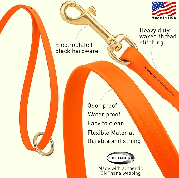 Viper Biothane K9 Working Dog Leash Waterproof Lead for Tracking Training Schutzhund Odor-Proof Long Line with Solid Brass Snap for Puppy Medium and Large Dogs 6ft, Hunter Orange
