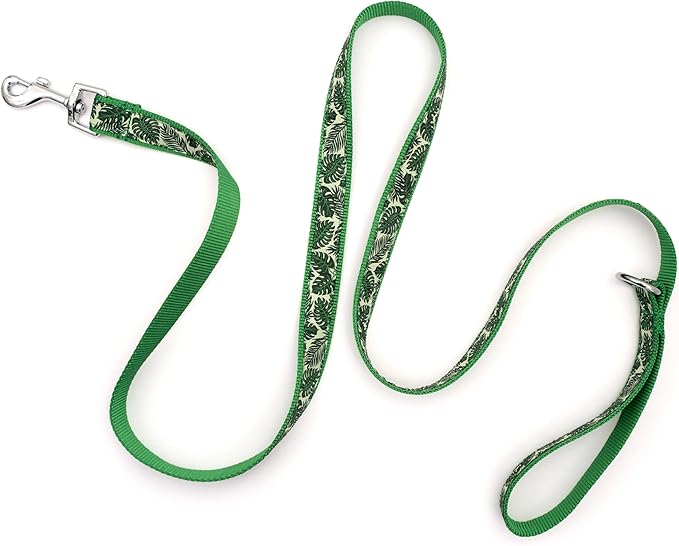 THE WORTHY DOG Tropical Leaves Patterned Nylon Leash for Dogs, Stylish, Durable, Woven Ribbon - Green, Small