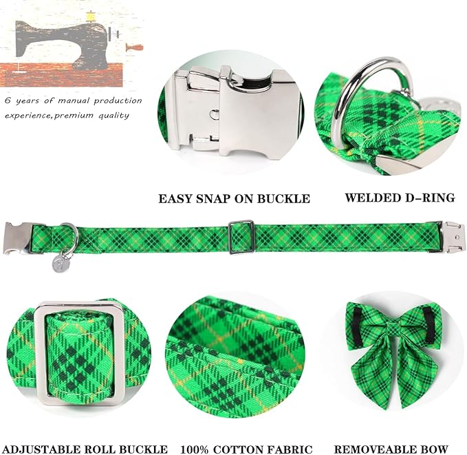 DOGWONG St. Patrick's Day Dog Collar-Cute Green Dog Collar with Bow, Cotton Green Plaid Bowtie Dog Collars with Metal Buckle for Small Medium Large Dogs