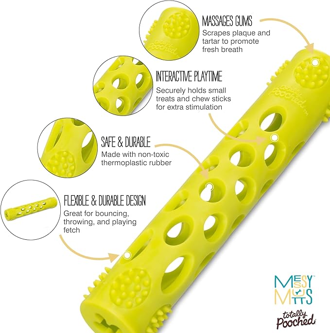 Messy Mutts Totally Pooched Huff'n Puff Stick | 10” x 2” TPR Puzzle Stick for Dogs | 2-in-1 Interactive Toy and Tooth Cleaner | Green