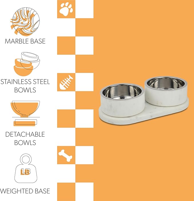 DBL1000B Marbre Small/Medium Modern Weighted Double Marble and Stainless Steel Bowl 12oz (1.5 Cups) Feeder with Non-Slip Marble Tray Set, White