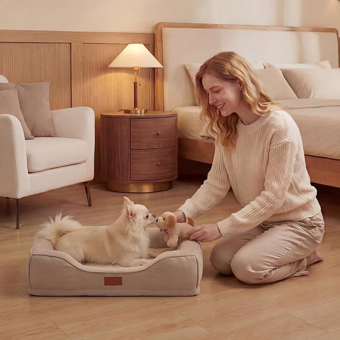 Puppy Beds for Small Dogs Orthopedic with Cooling Gel Memory Foam Washable Small Size Dog Couch with Removable Cover Waterproof for Senior Pets or Cats,24"x18"x6"Beige