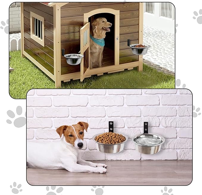 Hamiledyi 2 Pack Wall Mounted Elevated Dog Bowls - Adjustable Height Stainless Steel Raised Food & Water Bowls with Collapsible Stand for Medium & Large Dogs & Cats (L)