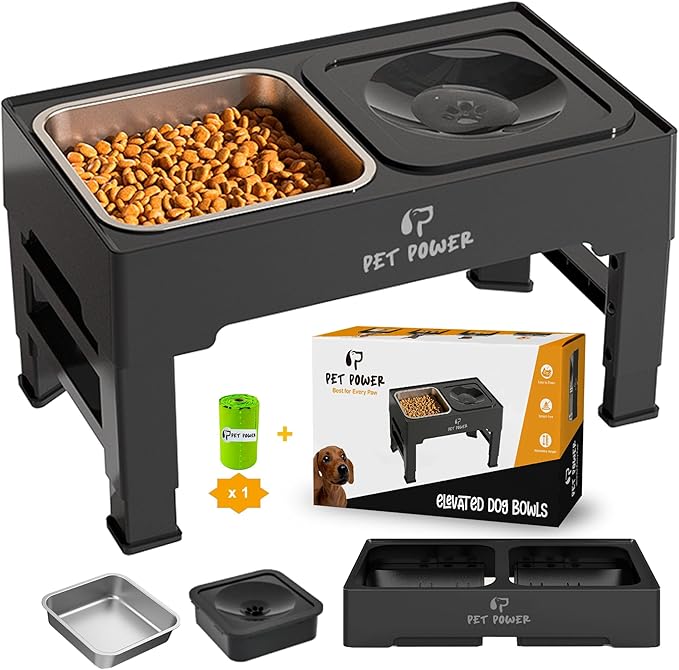 Dog Bowls Elevated Large Breed, Raised Dog Bowl Stand with 4 Adjustable Height, Stainless Steel Food Bowl & No-Spill Water Bowl for Small, Medium, Large Dogs