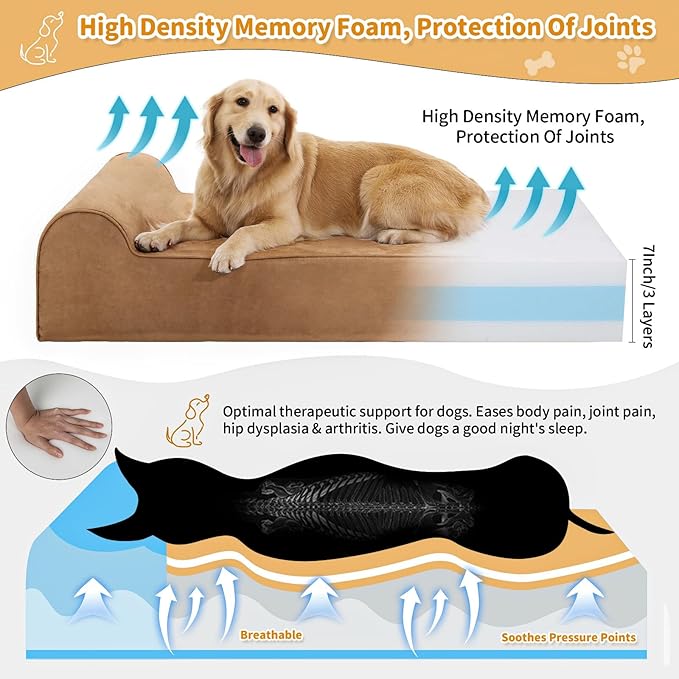 Orthopedic Dog Beds for Large Dogs, 7" Memory Foam Dog Beds with Waterproof Liner, Durable Microsuede Cover, Removable and Washable, Nonskid Bottom, 48"x30"x7" L Khaki