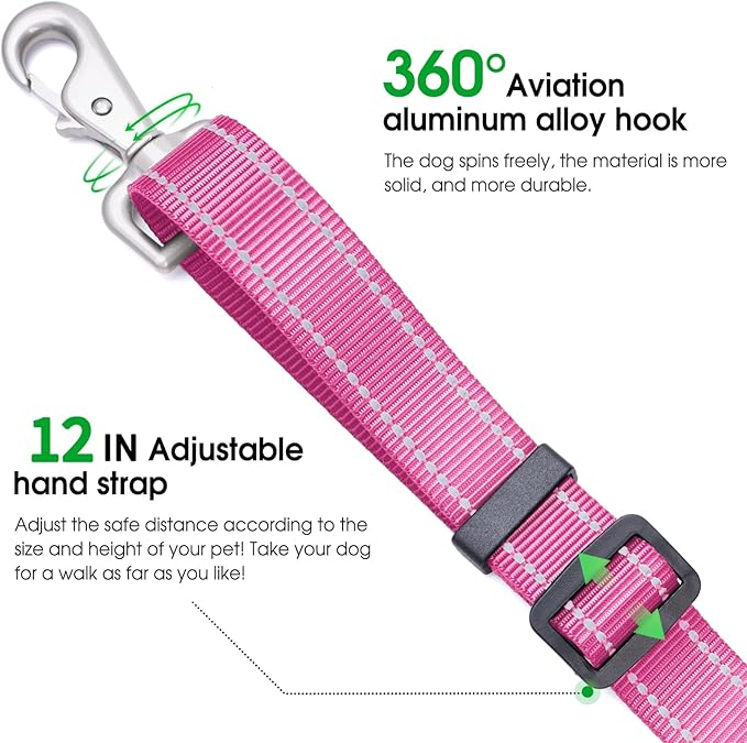 Hands-Free Dog Leash, Heavy Duty No-Pull Training Lead w/Anti-Tangle, Double Padded Traffic Handles Adjustable 5.5-6.2FT & Reflective Thread for Medium Large Dogs for Running/Walking Pink