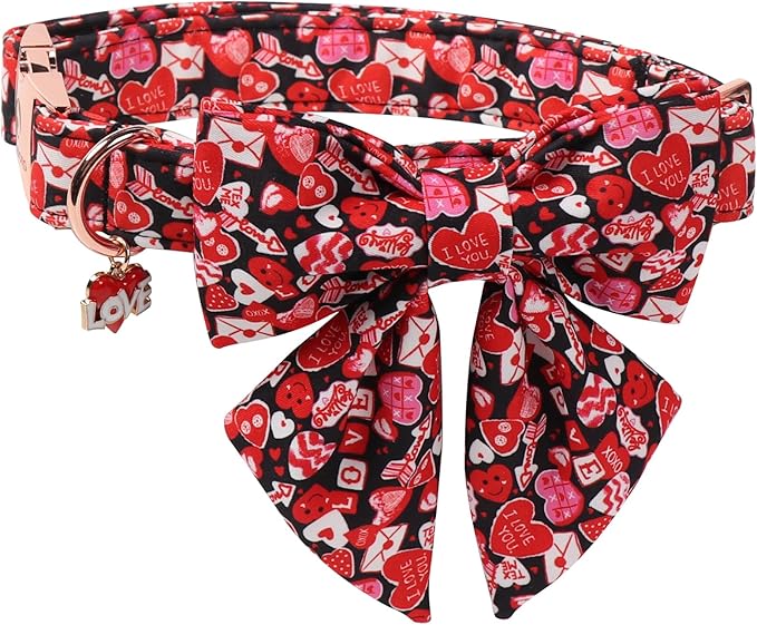 DOGWONG Valentine's Day Dog Collar-Cute Red Heart Dog Collar with Sailor Bowtie, Comfortable Girl Dog Collars with Metal Buckle,S
