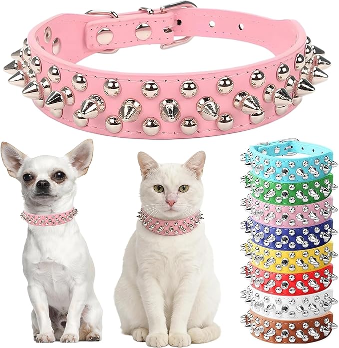 Pink Dog Collar with Spikes, Girl's Spike Puppy Collars Leather Mushrooms Rivet Female Studded Cat Collars Adjustable for XXS XS Medium Large Dogs, M